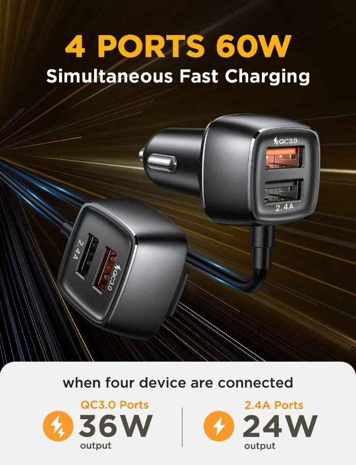 4 Port USB Car Charger Quick Charge QC3.0 5.6FT Extension Cable Mobile Phone Driving Recorder Fast Charging