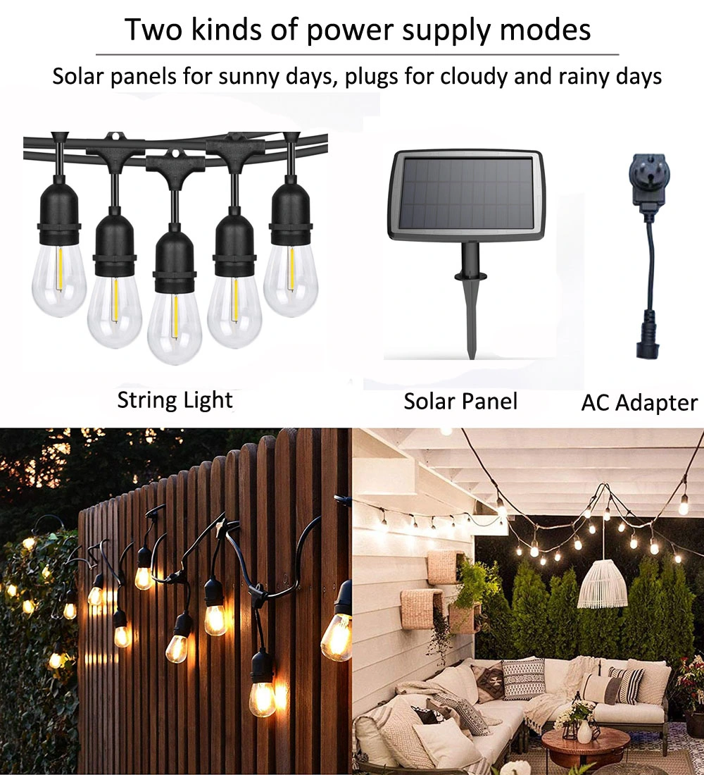48FT S14 Solar Outdoor in Holiday Lighting Garden Powered String Lights with Bulbs LED Edison
