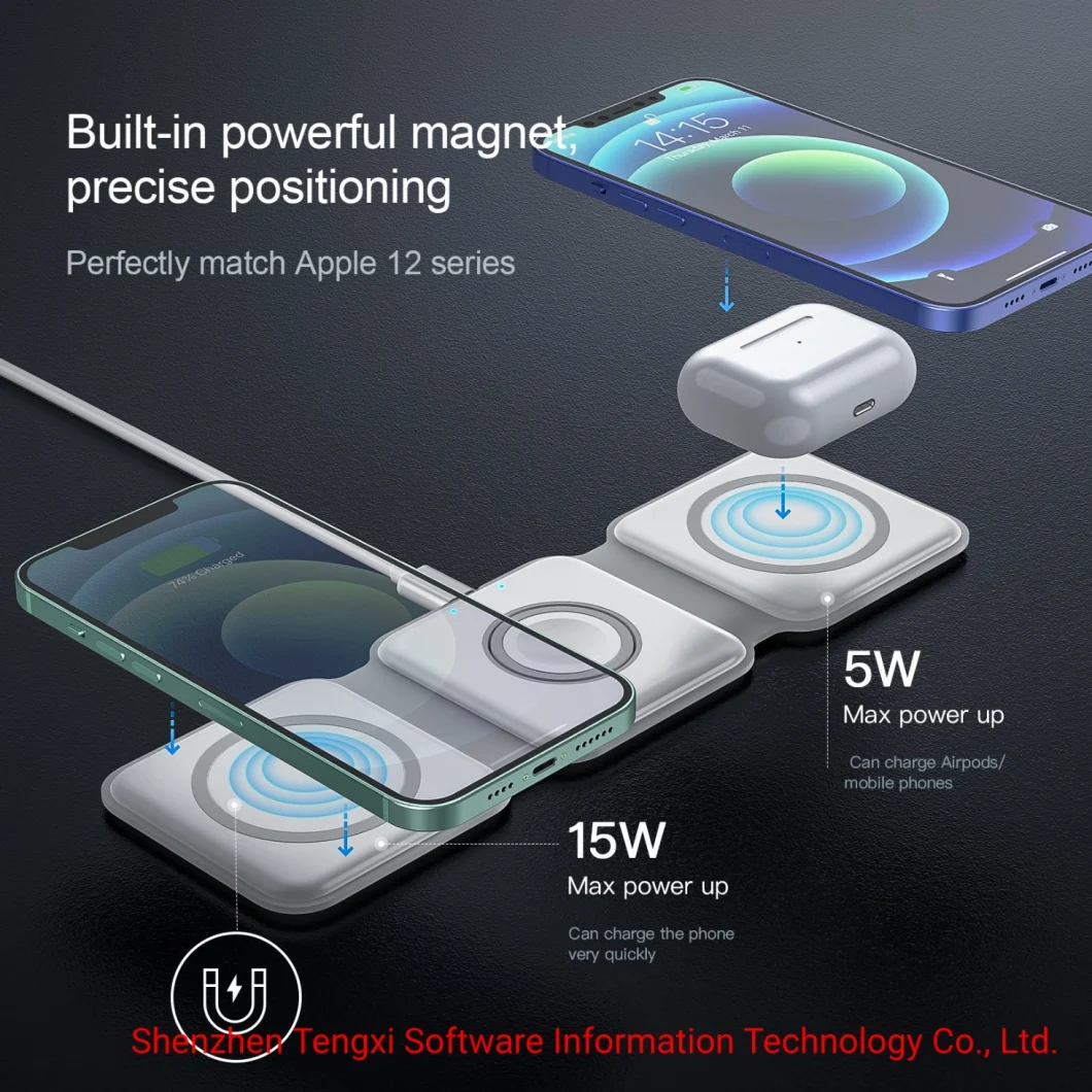 Triple Fold Magnetic Wireless Charger for Smart Phone Smart Watch and Tws