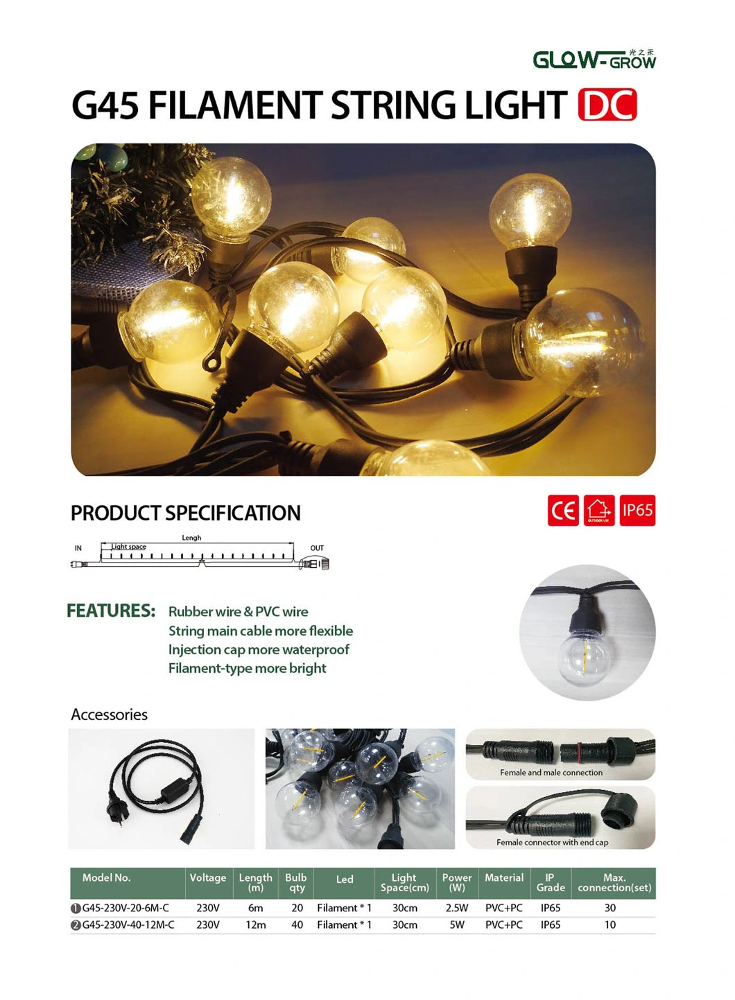 G45 IP65 UL Listed Filament String Light Festoon Light for Holiday Decoration