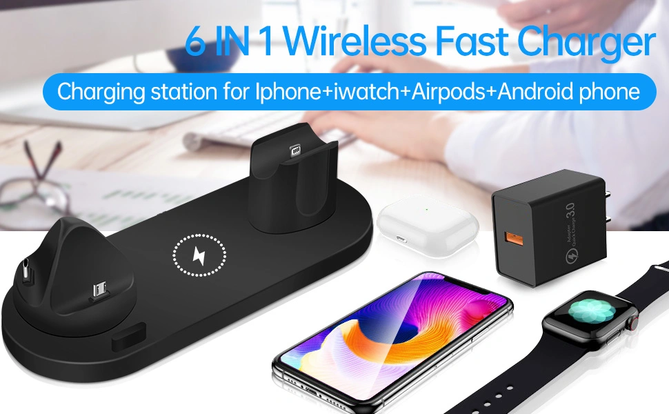 Wireless Charger, 6 in 1 Wireless Charging Station for Pone13/12/11, Qi-Certified Charger Stand for Watch&Pods/PRO, Fast Multi Wireless Charger Stand