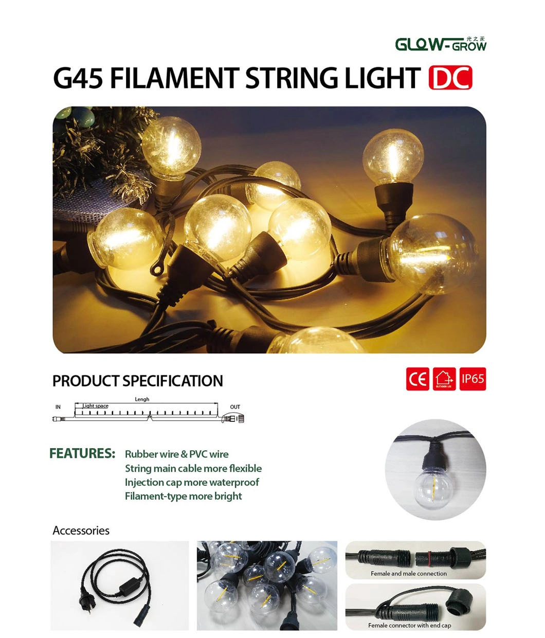 G45 Solar Powered LED Bulb String Light Christmas Festoon Light for Party Patio Home Garden Street Holiday Wedding Decoration